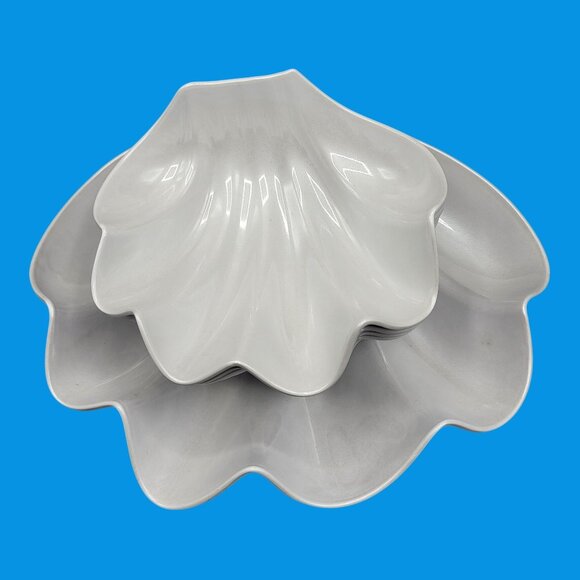 Clam Shell Shaped Serving Bowl with 6 Individual Bowls Melamine Pearl White - Picture 2 of 16